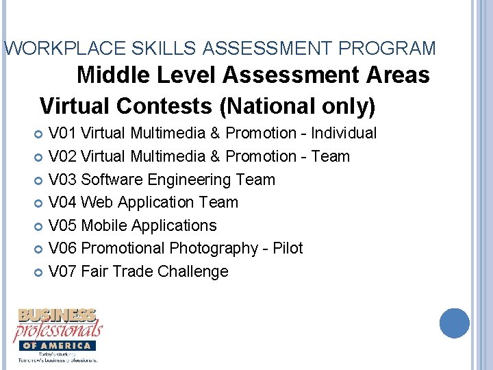 WORKPLACE SKILLS ASSESSMENT PROGRAM Middle Level Assessment Areas Virtual Contests (National only) V 01
