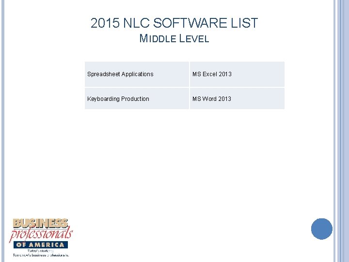 2015 NLC SOFTWARE LIST MIDDLE LEVEL Spreadsheet Applications MS Excel 2013 Keyboarding Production MS