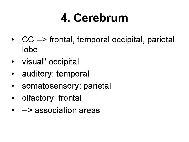 4. Cerebrum • CC --> frontal, temporal occipital, parietal lobe • visual" occipital •