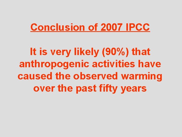Conclusion of 2007 IPCC It is very likely (90%) that anthropogenic activities have caused
