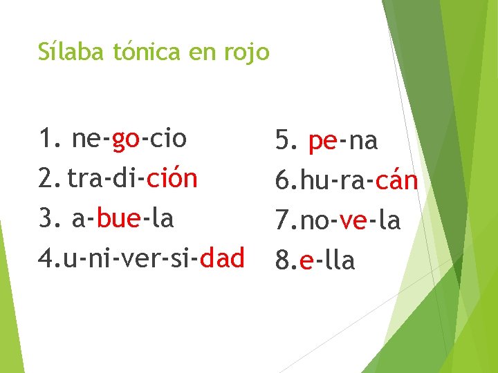 Sílaba tónica en rojo 1. ne-go-cio 2. tra-di-ción 3. a-bue-la 4. u-ni-ver-si-dad 5. pe-na