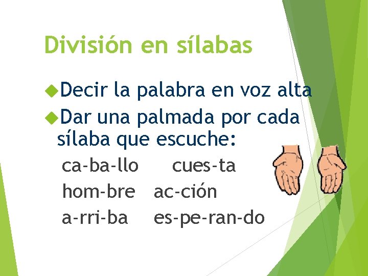 División en sílabas Decir la palabra en voz alta Dar una palmada por cada