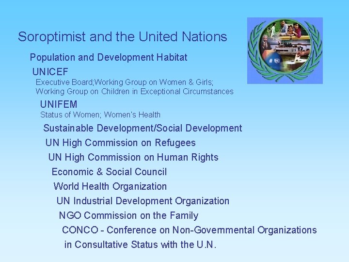 Soroptimist and the United Nations Population and Development Habitat UNICEF Executive Board; Working Group