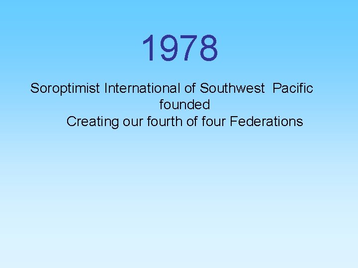 1978 Soroptimist International of Southwest Pacific founded Creating our fourth of four Federations 