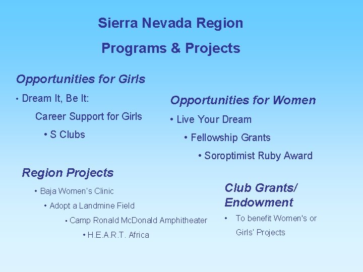 Sierra Nevada Region Programs & Projects Opportunities for Girls • Dream It, Be It: