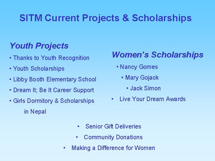 SITM Current Projects & Scholarships Youth Projects • Thanks to Youth Recognition Women’s Scholarships