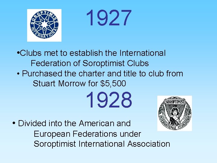 1927 • Clubs met to establish the International Federation of Soroptimist Clubs • Purchased