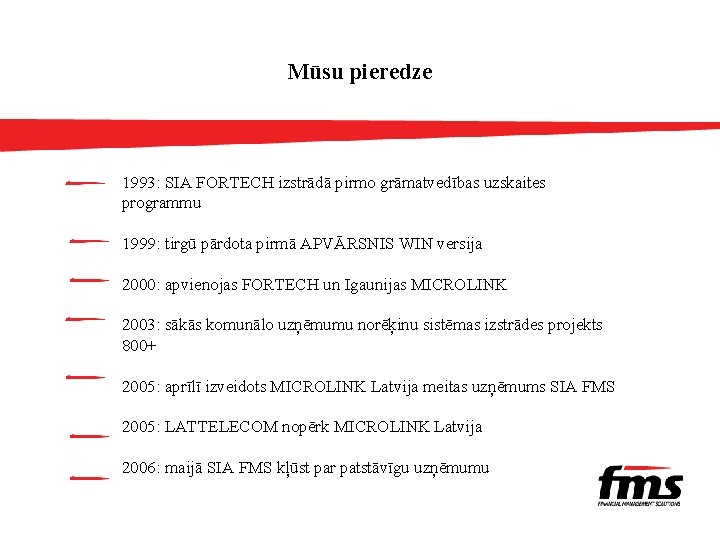 Mūsu pieredze 1993: SIA FORTECH izstrādā pirmo grāmatvedības uzskaites programmu 1999: tirgū pārdota pirmā