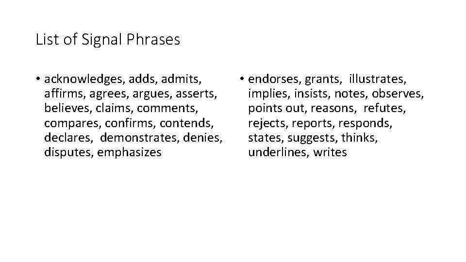 List of Signal Phrases • acknowledges, adds, admits, affirms, agrees, argues, asserts, believes, claims,