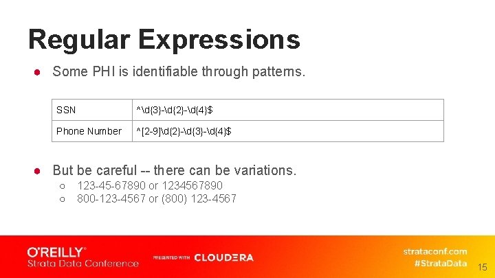 Regular Expressions ● Some PHI is identifiable through patterns. SSN ^d{3}-d{2}-d{4}$ Phone Number ^[2