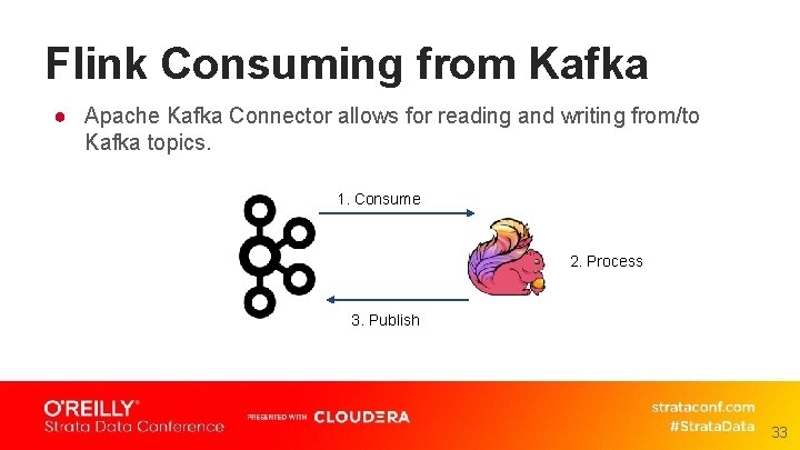 Flink Consuming from Kafka ● Apache Kafka Connector allows for reading and writing from/to
