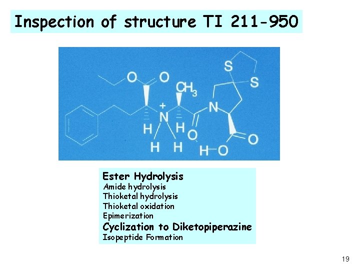 Inspection of structure TI 211 -950 Ester Hydrolysis Amide hydrolysis Thioketal oxidation Epimerization Cyclization