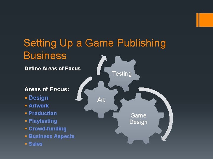 Setting Up a Game Publishing Business Define Areas of Focus: § Design § §