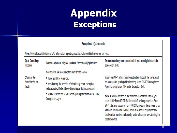 Appendix Exceptions 85 Appendix Exceptions 85