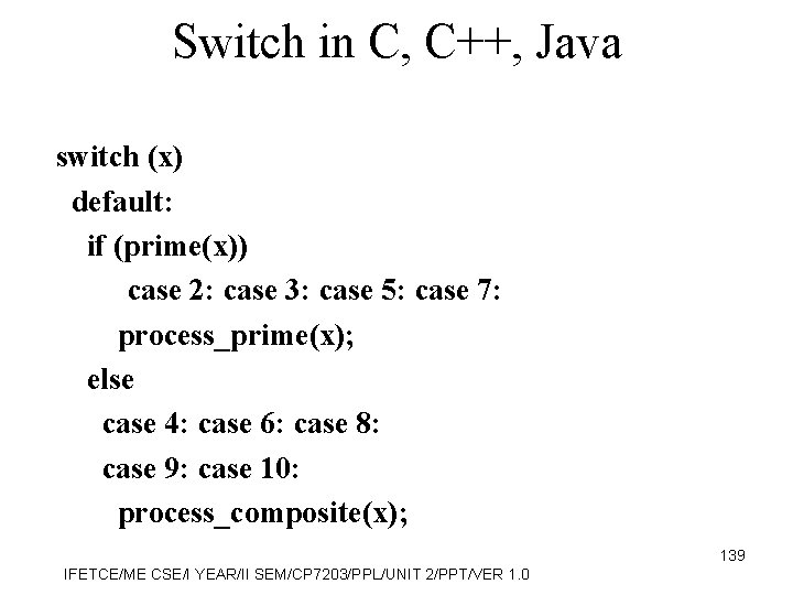 Switch in C, C++, Java switch (x) default: if (prime(x)) case 2: case 3: