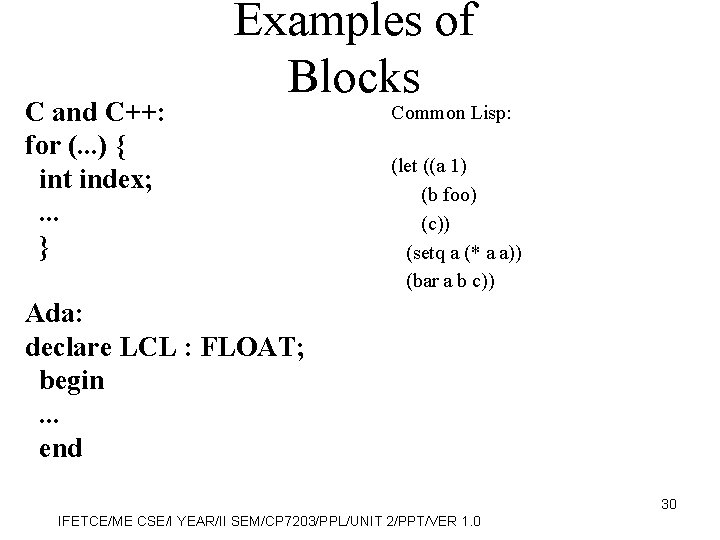 C and C++: for (. . . ) { int index; . . .