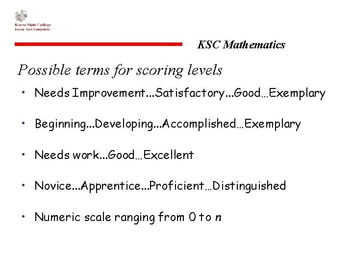 KSC Mathematics Possible terms for scoring levels • Needs Improvement. . . Satisfactory. .