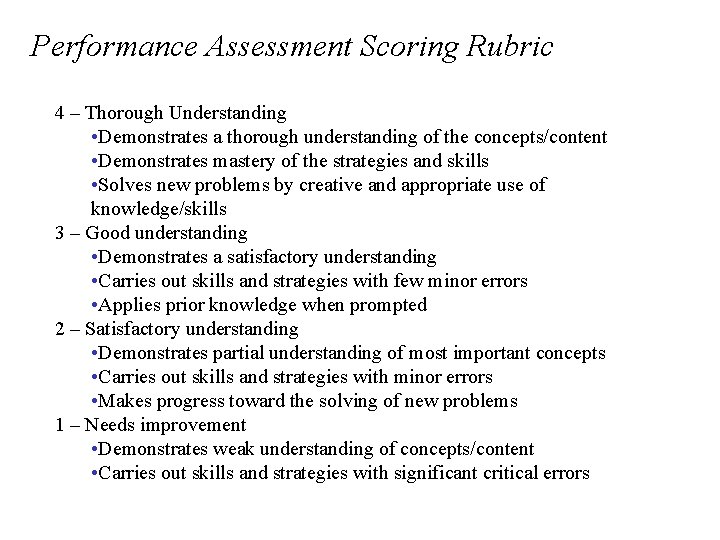 Performance Assessment Scoring Rubric KSC Mathematics 4 – Thorough Understanding • Demonstrates a thorough