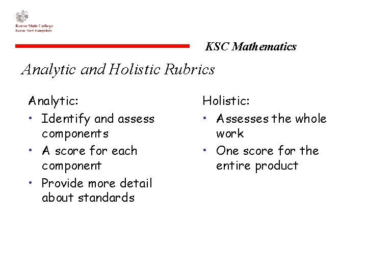 KSC Mathematics Analytic and Holistic Rubrics Analytic: • Identify and assess components • A