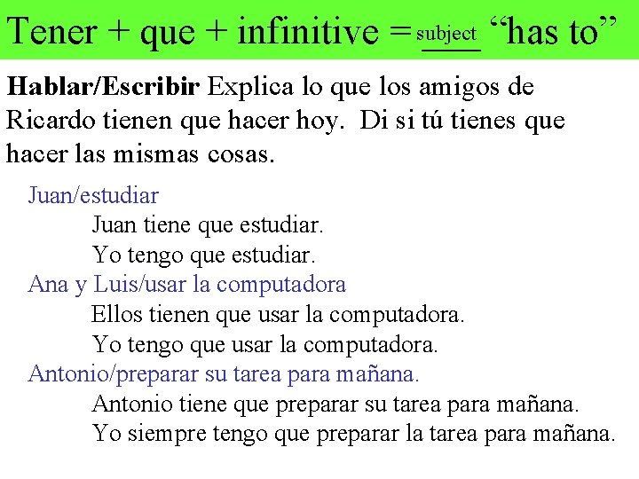 Tener + que + infinitive = subject ___ “has to” Hablar/Escribir Explica lo que