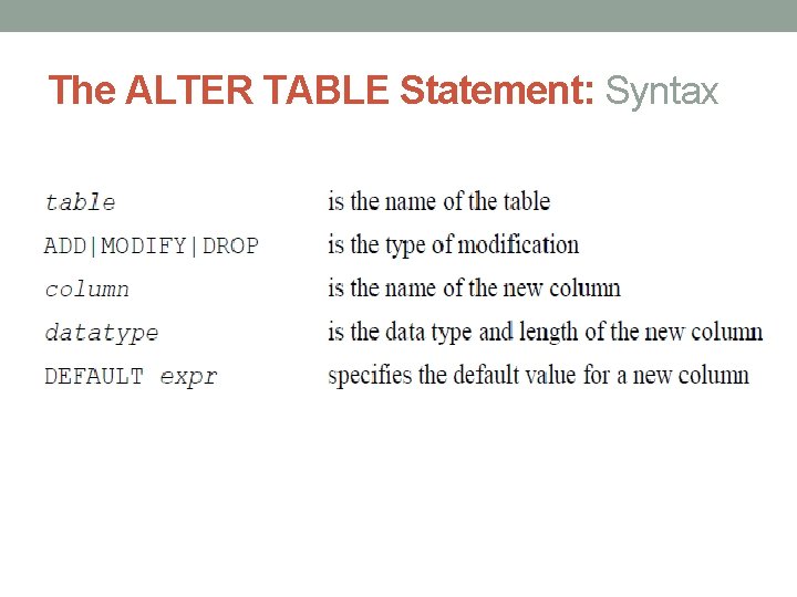 The ALTER TABLE Statement: Syntax The ALTER TABLE Statement: Syntax