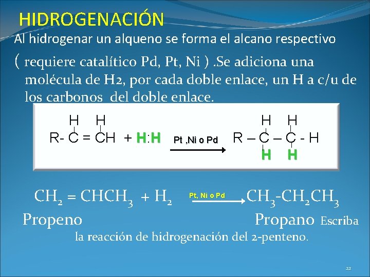 HIDROGENACIÓN Al hidrogenar un alqueno se forma el alcano respectivo ( requiere catalítico Pd,