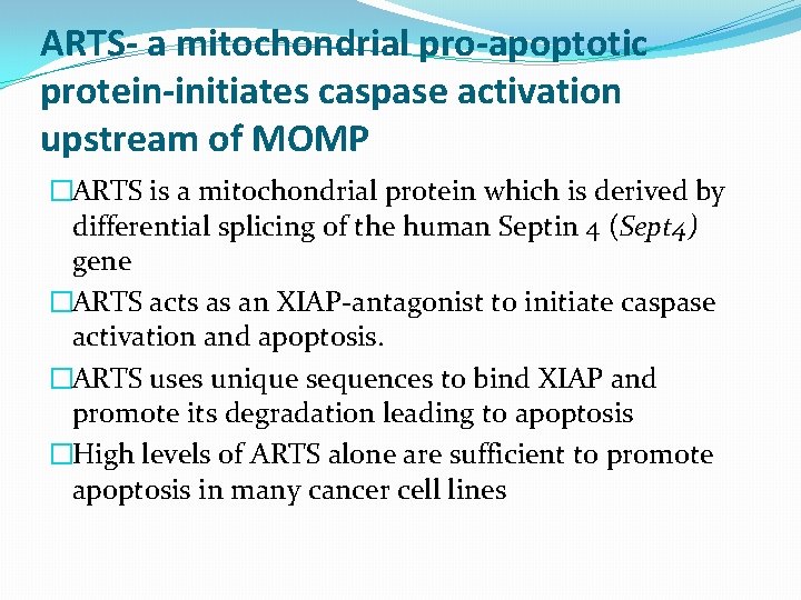 ARTS- a mitochondrial pro-apoptotic protein-initiates caspase activation upstream of MOMP �ARTS is a mitochondrial