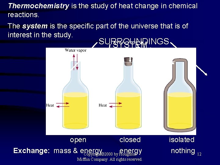 Thermochemistry is the study of heat change in chemical reactions. The system is the