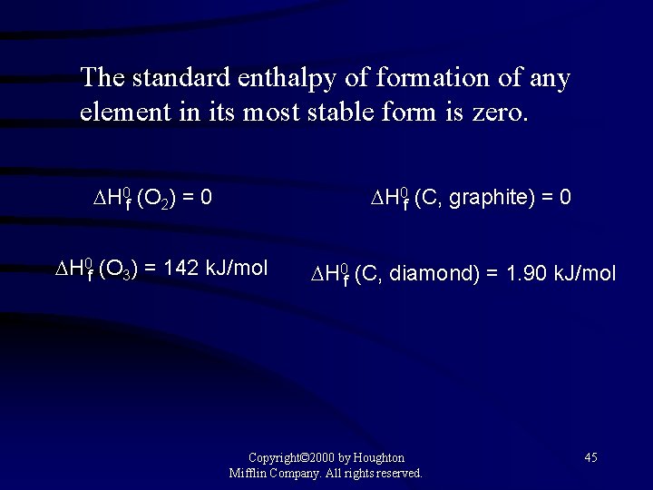 The standard enthalpy of formation of any element in its most stable form is