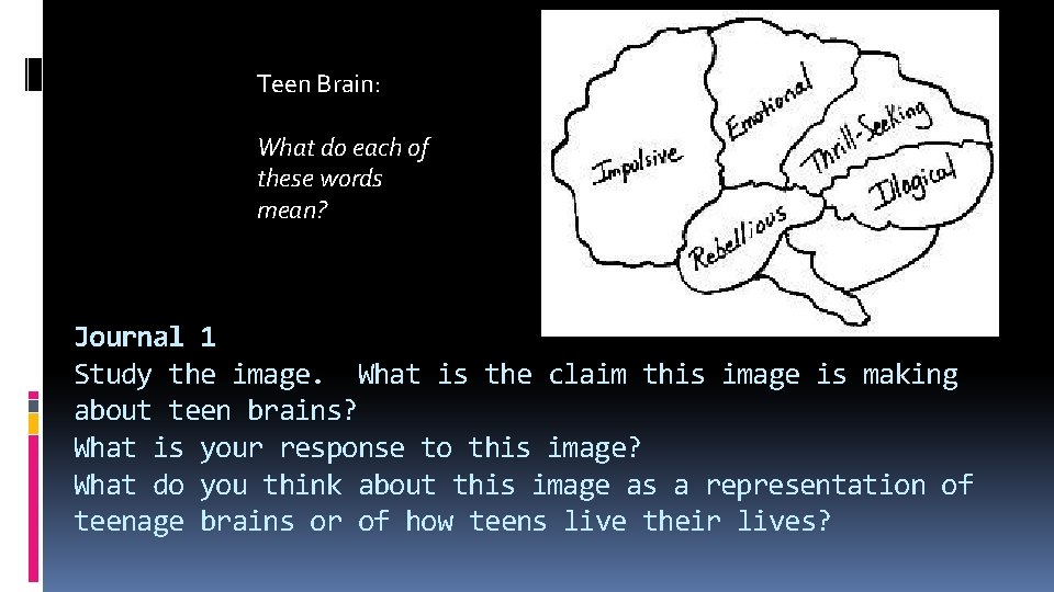 Teen Brain: What do each of these words mean? Journal 1 Study the image.