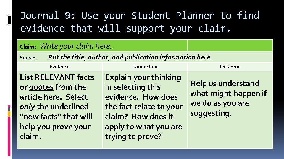 Journal 9: Use your Student Planner to find evidence that will support your claim.