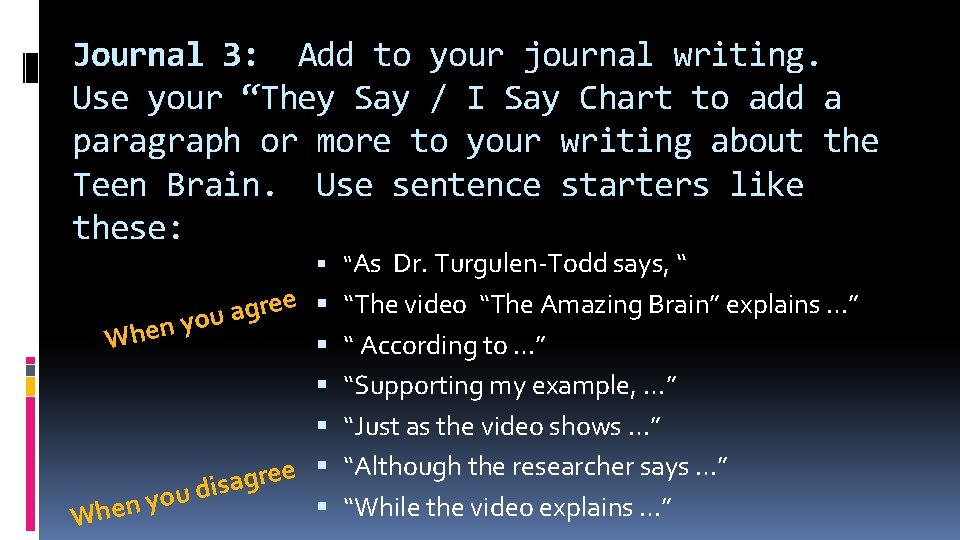 Journal 3: Add to your journal writing. Use your “They Say / I Say
