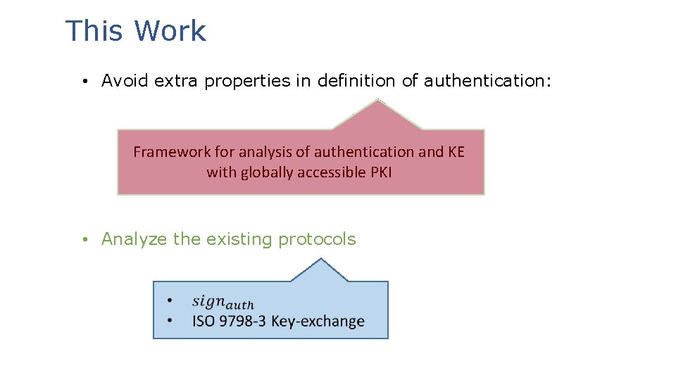This Work • Avoid extra properties in definition of authentication: Framework for analysis of