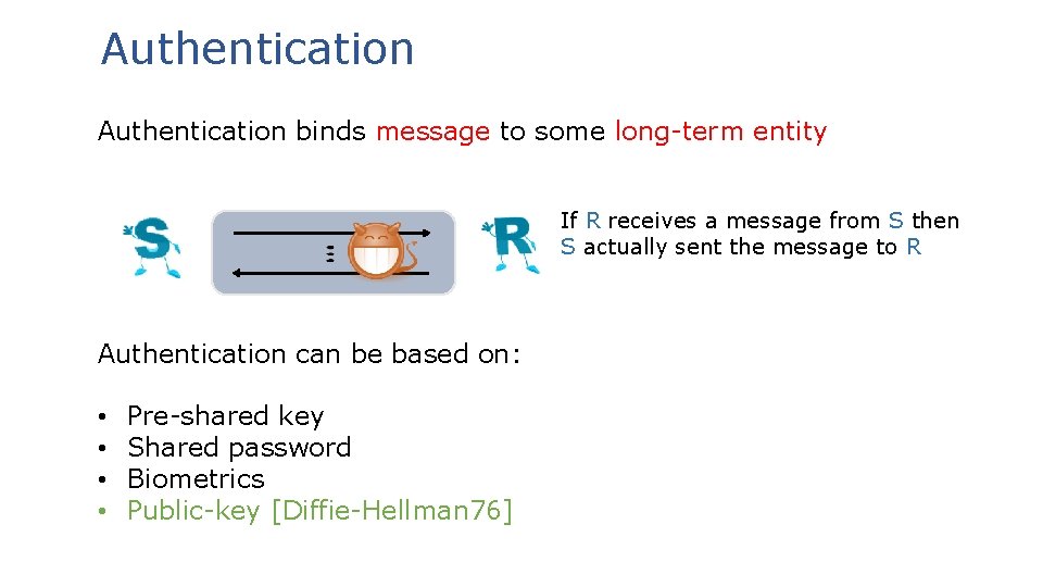 Authentication binds message to some long-term entity If R receives a message from S
