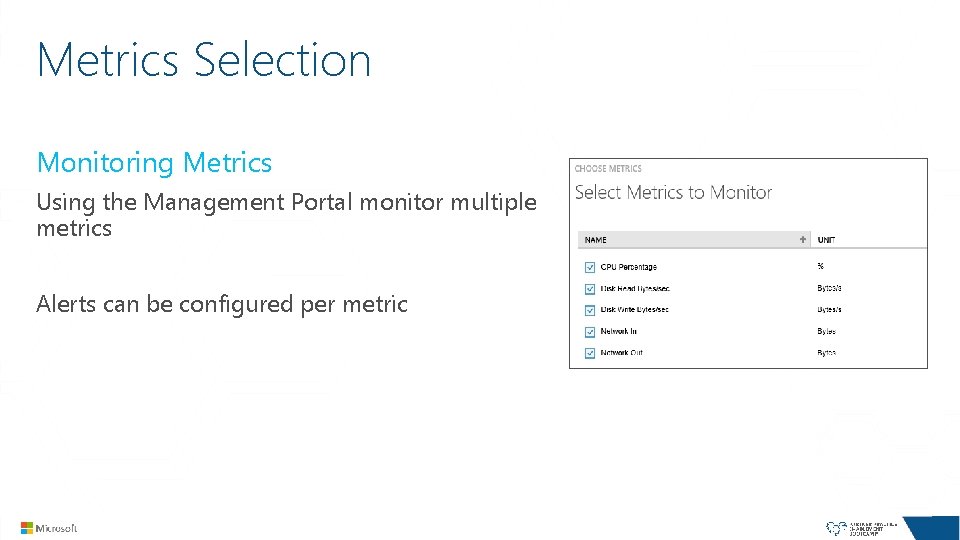 Metrics Selection Monitoring Metrics Using the Management Portal monitor multiple metrics Alerts can be