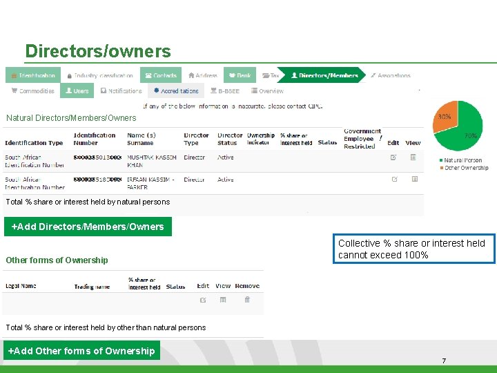 Directors/owners Natural Directors/Members/Owners Total % share or interest held by natural persons +Add Directors/Members/Owners