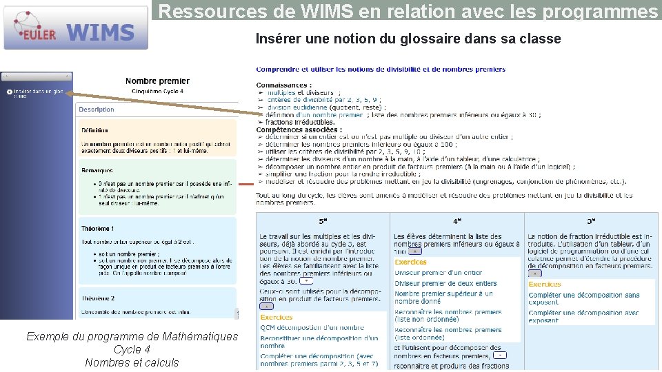 Ressources de WIMS en relation avec les programmes Insérer une notion du glossaire dans