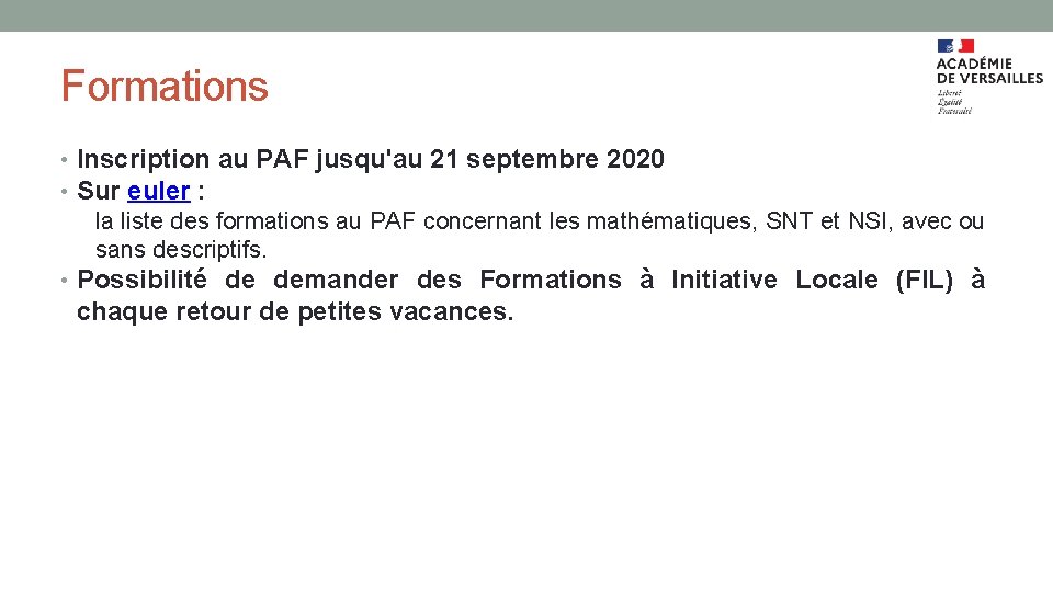Formations • Inscription au PAF jusqu'au 21 septembre 2020 • Sur euler : la
