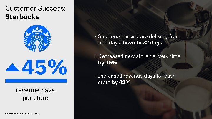 Customer Success: Starbucks • Shortened new store delivery from 50+ days down to 32