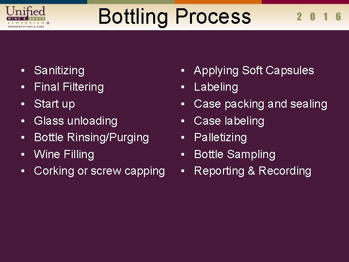 Bottling Process • • Sanitizing Final Filtering Start up Glass unloading Bottle Rinsing/Purging Wine