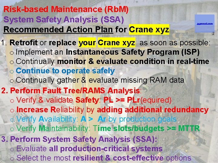 Risk-based Maintenance (Rb. M) System Safety Analysis (SSA) Recommended Action Plan for Crane xyz