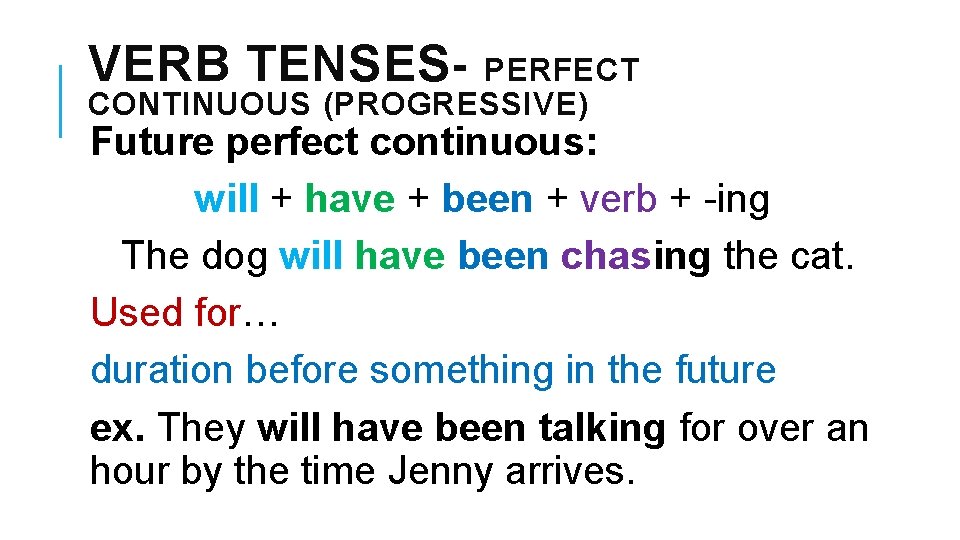 VERB TENSES- PERFECT CONTINUOUS (PROGRESSIVE) Future perfect continuous: will + have + been +