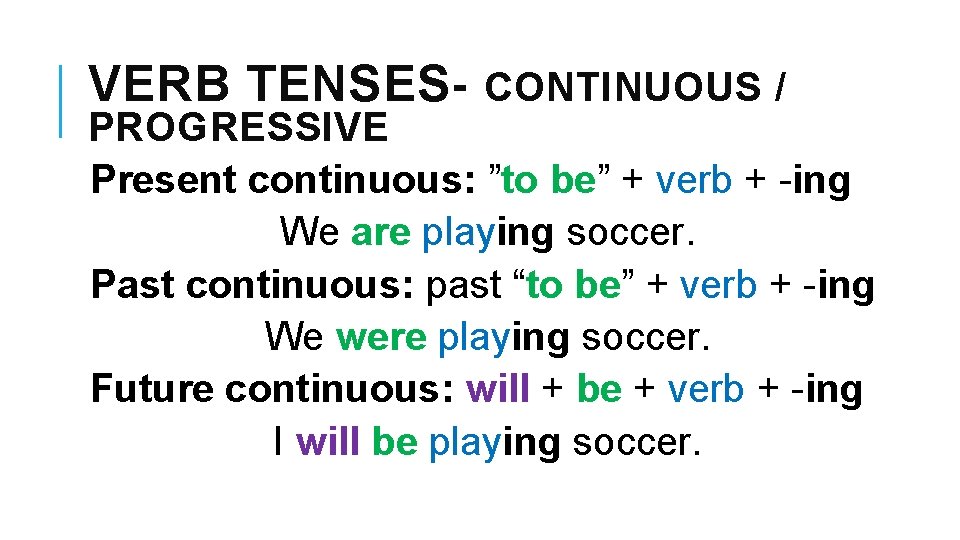 VERB TENSES- CONTINUOUS / PROGRESSIVE Present continuous: ”to be” + verb + -ing We