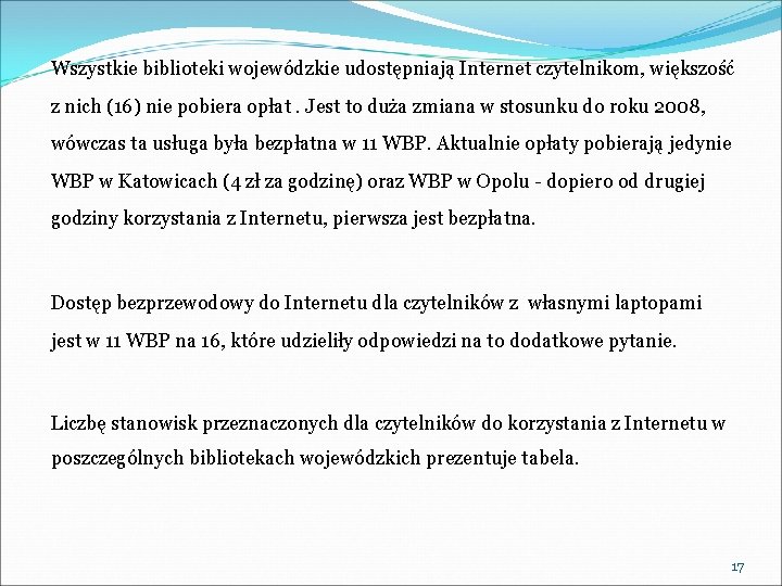 Wszystkie biblioteki wojewódzkie udostępniają Internet czytelnikom, większość z nich (16) nie pobiera opłat. Jest