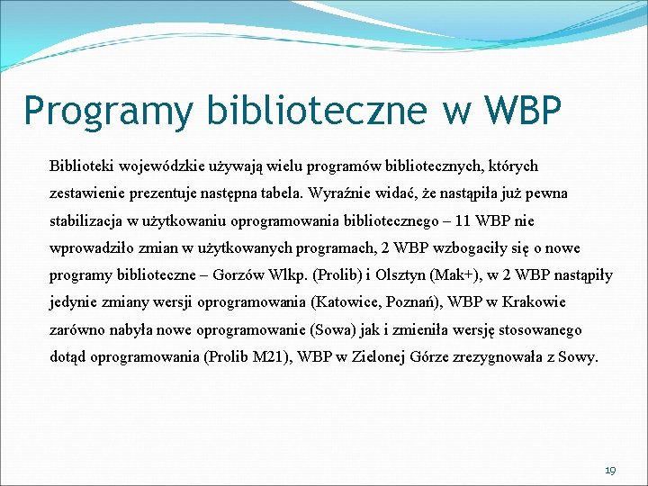 Programy biblioteczne w WBP Biblioteki wojewódzkie używają wielu programów bibliotecznych, których zestawienie prezentuje następna