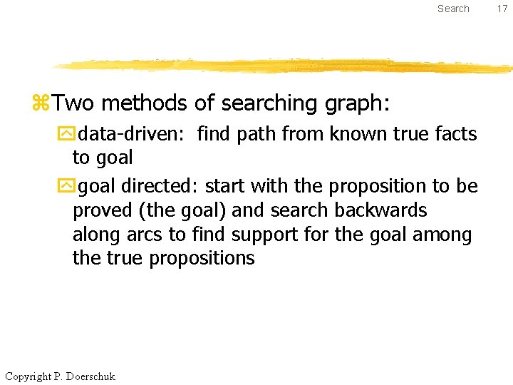 Search z. Two methods of searching graph: ydata-driven: find path from known true facts