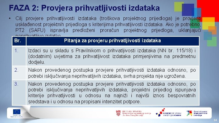 FAZA 2: Provjera prihvatljivosti izdataka • Cilj provjere prihvatljivosti izdataka (troškova projektnog prijedloga) je