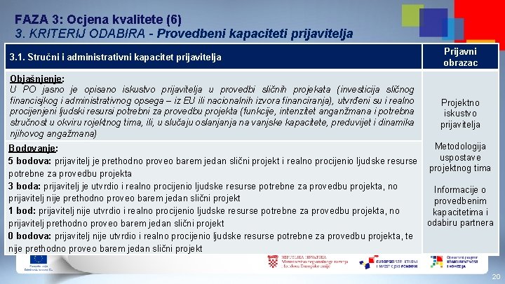 FAZA 3: Ocjena kvalitete (6) 3. KRITERIJ ODABIRA - Provedbeni kapaciteti prijavitelja 3. 1.