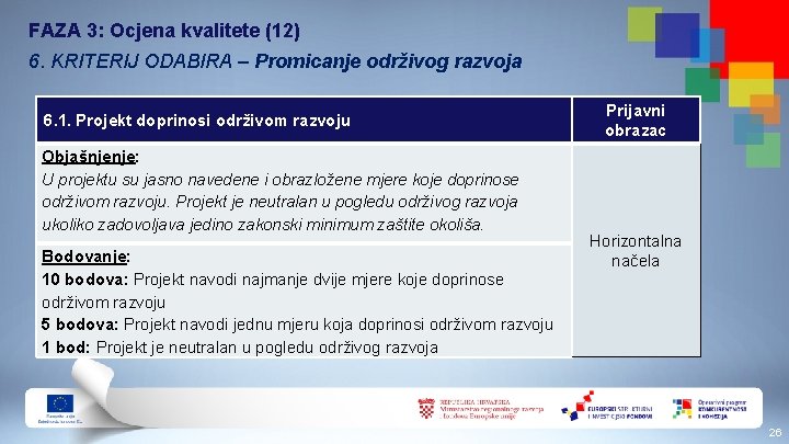 FAZA 3: Ocjena kvalitete (12) 6. KRITERIJ ODABIRA – Promicanje održivog razvoja 6. 1.