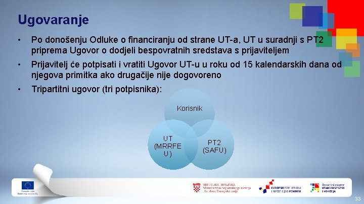 Ugovaranje • Po donošenju Odluke o financiranju od strane UT-a, UT u suradnji s